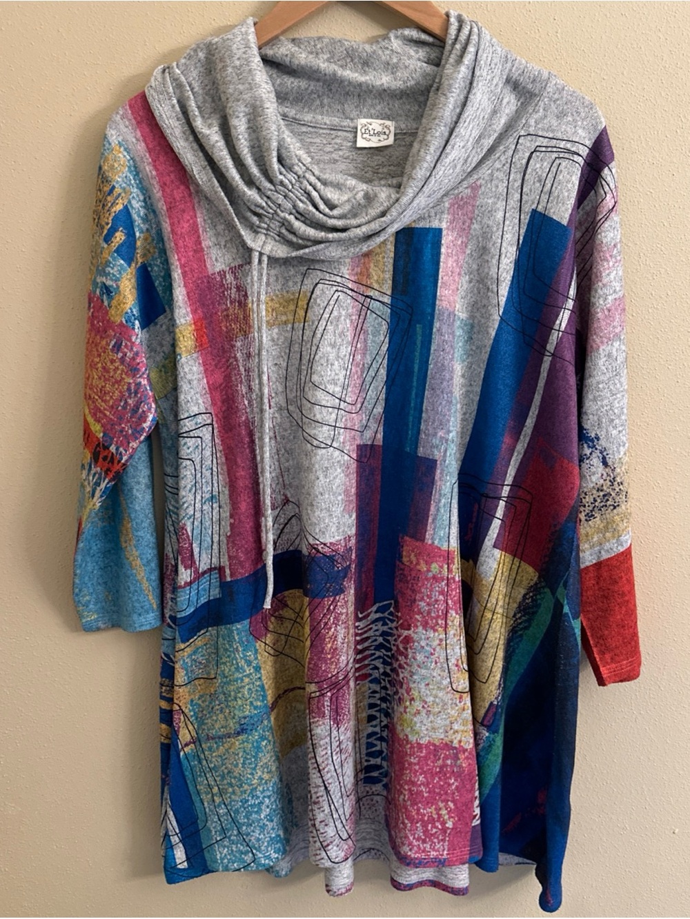 Et’ Lois Colorful Abstract Print Tunic Blouse Lightweight USA Art to Wear Large